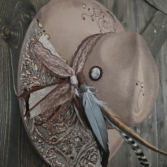 NWT Taupe Hand Burned Dark Fedora Cowboy Hat With Genuine Leather main image 7
